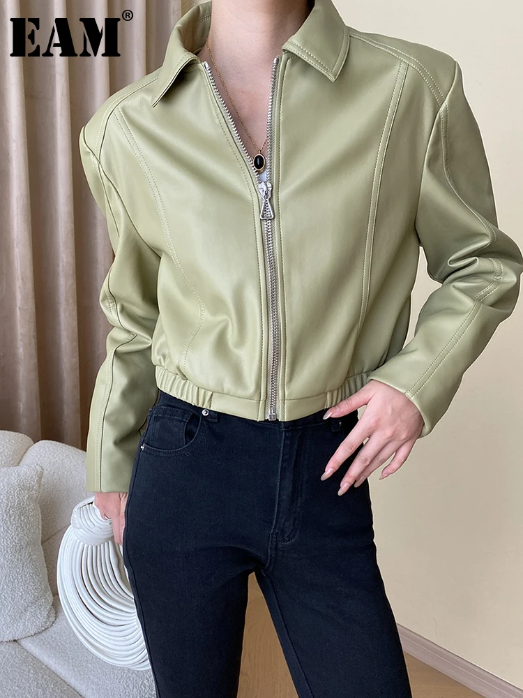 

[EAM] Loose Fit Green Pu Leather Short Big Size Jacket New Lapel Long Sleeve Women Coat Fashion Tide Spring Autumn 2023 1DH0540