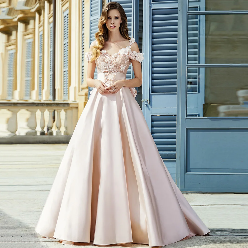 

Exquisite V Neck Wedding Gowns Satin Off Shoulder Beading Hand Made Flower With Bow A Line Open Back Bridal Marriage Dress