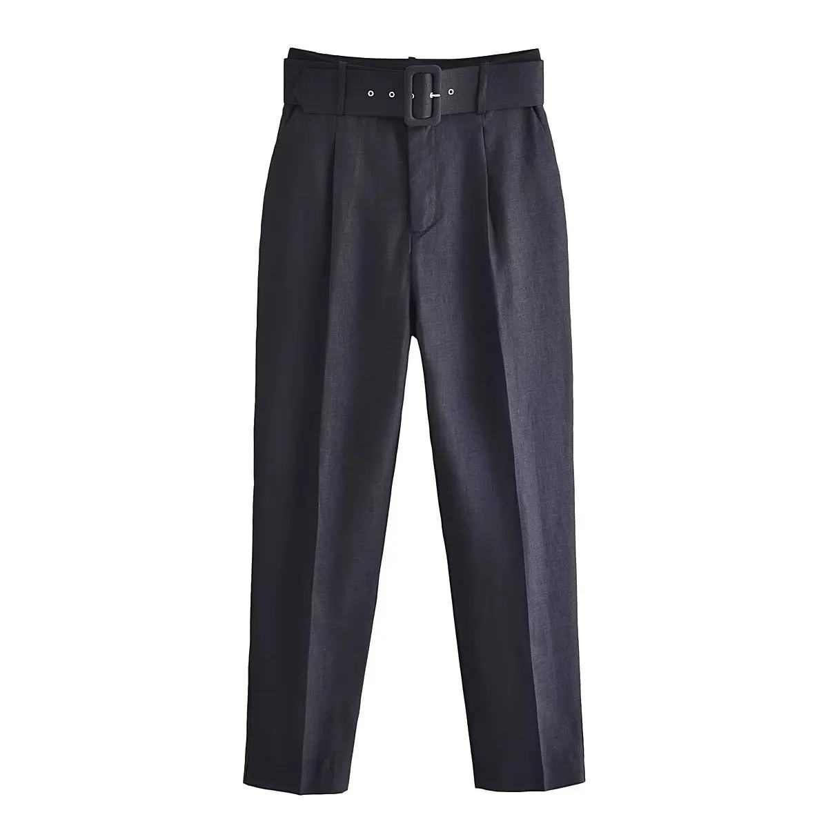 

Women 2023 New Fashion Vintage High Waist Zipper Side Pockets Hemp-like Belt Straight Pants Female Trousers