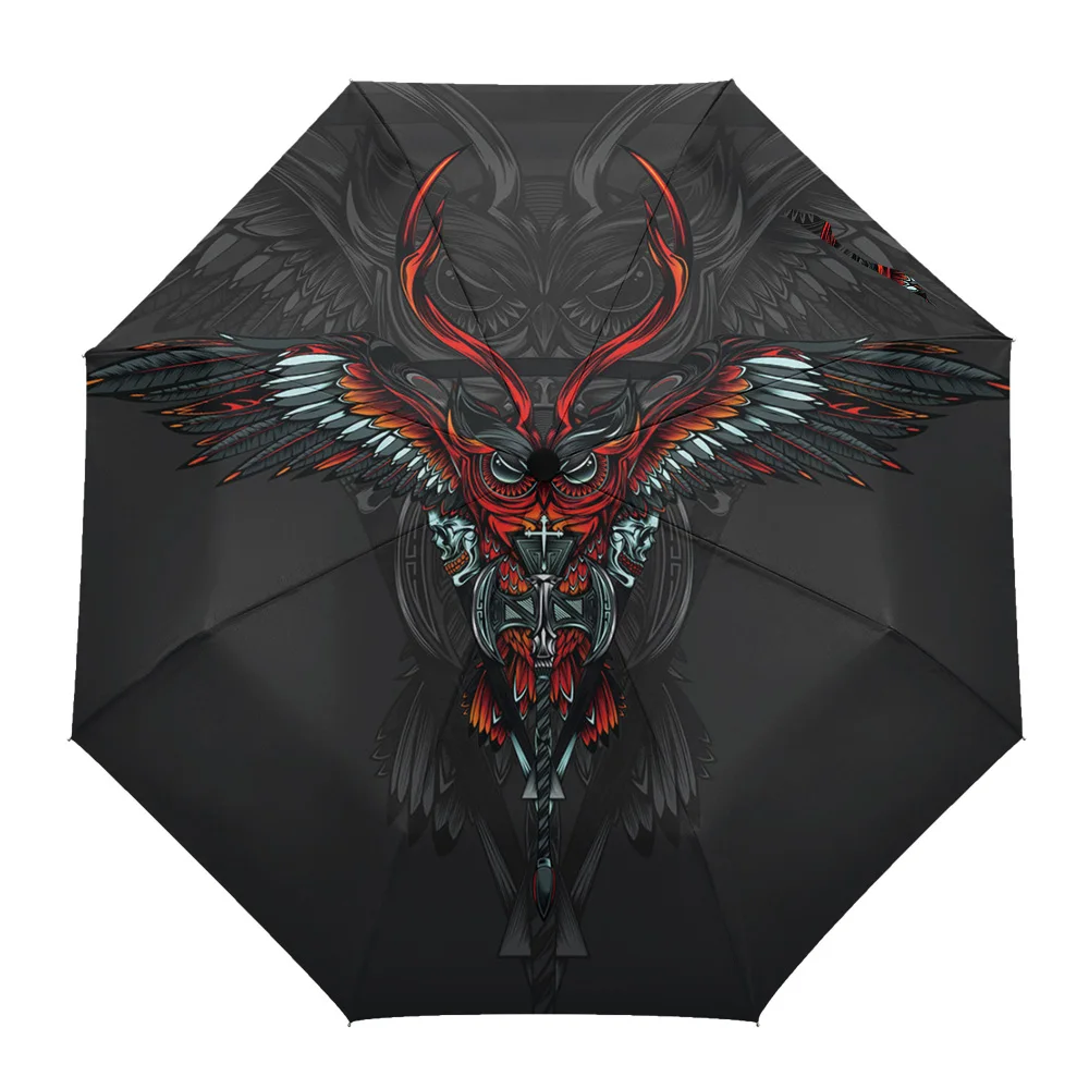 

Black Owl Automatic Umbrella Men Women Rain Windproof Outdoor Travel Sun Three Folding Umbrellas 8 Ribs Gift Parasol