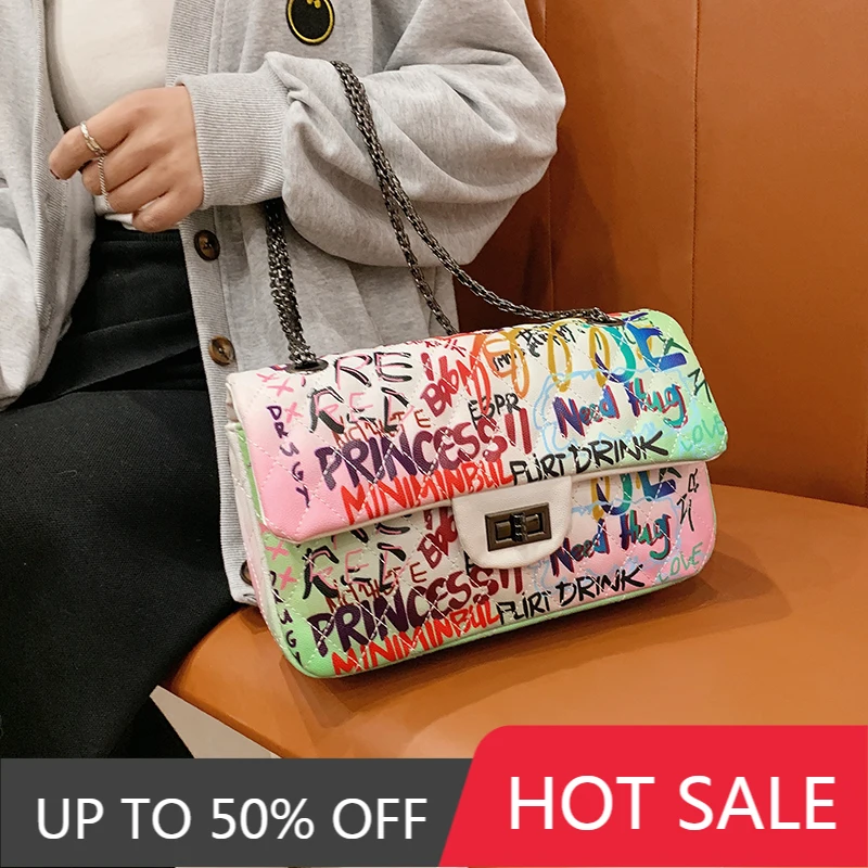 

AIOSC High Quality Ladies Graffiti Messenger Bags Designer Women Pu Leather Shoulder Bag Casual Chain Crossbody Bags for Women