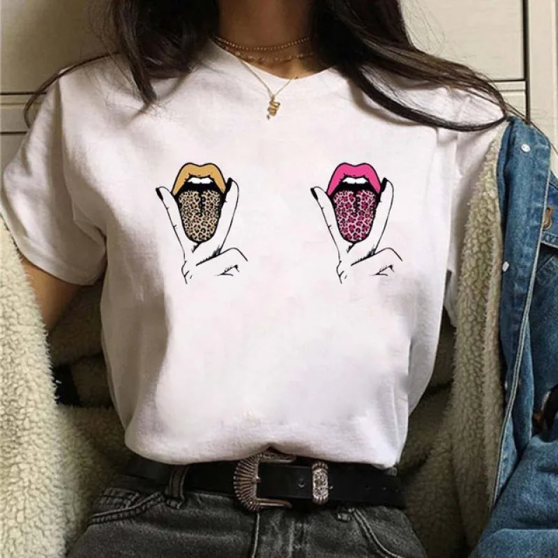 

Funny Chest Leopard Lip Print Women T Shirt Short Sleeve O Neck Loose Women Tshirt Ladies Tee Shirt Tops Camisetas Mujer