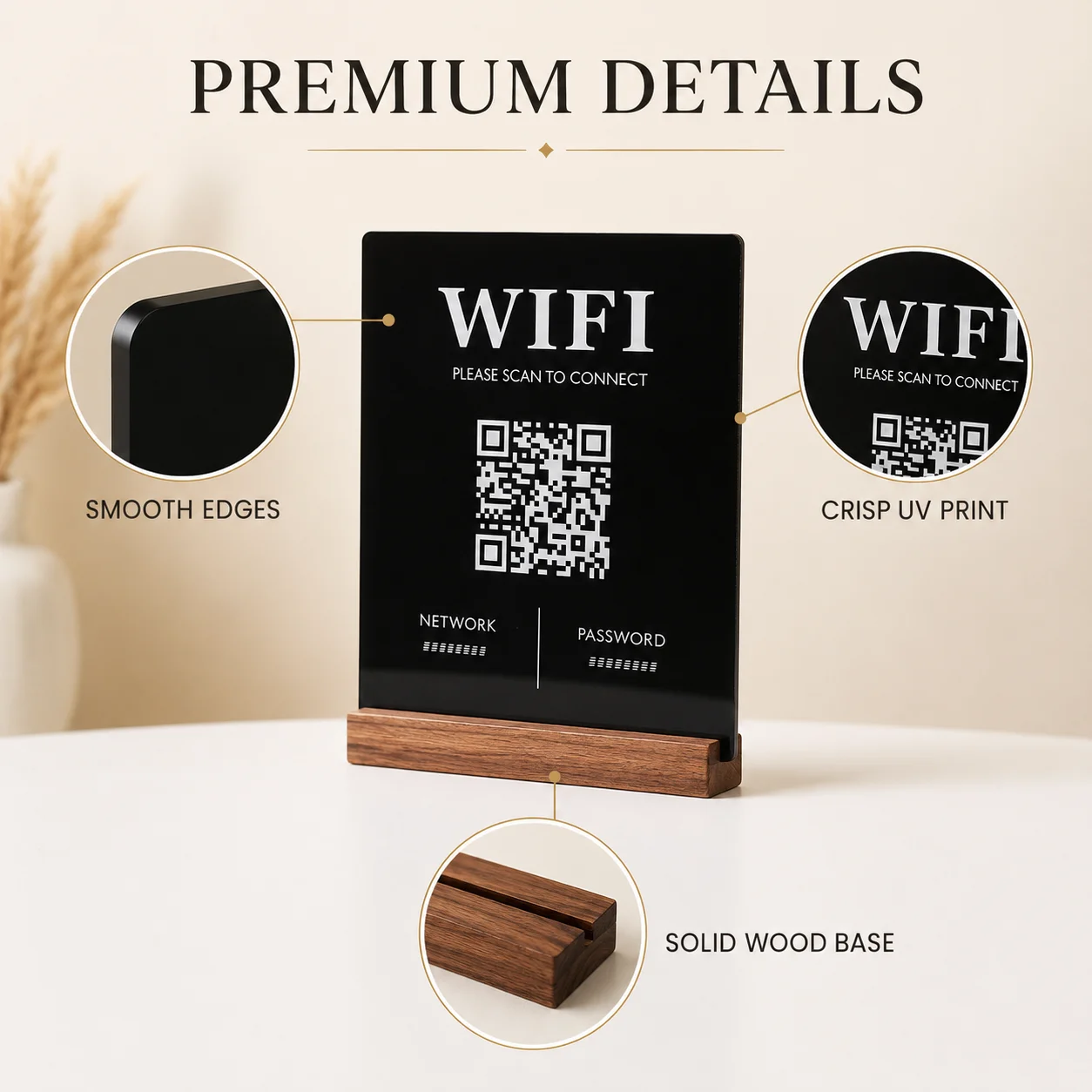 Фото Индивидуальная табличка с QR-кодом для Wi-Fi пароля, современная акриловая настольная табличка с деревянной подставкой для декора Airbnb, салона, спа, отеля, офиса, дома. №3