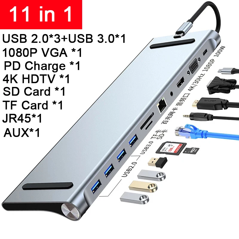 

USB-разветвитель 11 в 1, USB Type C, RJ45, SD/TF
