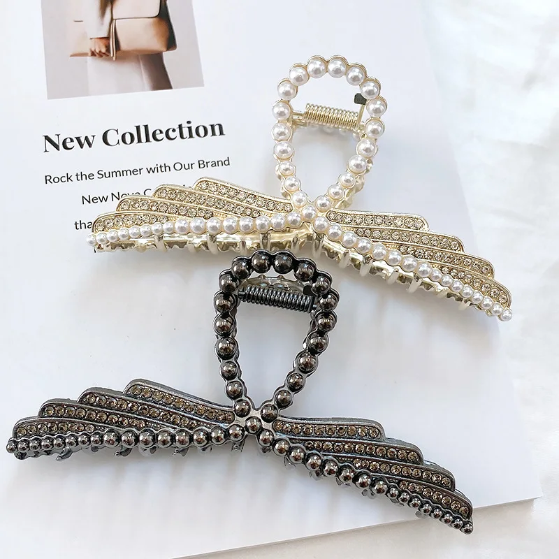 

New Vintage Women Wings Pearl Grab Clip Large Elegant Crab Ponytail Braid Claw Clip Fashion Girl Jewelry Hair Accessories