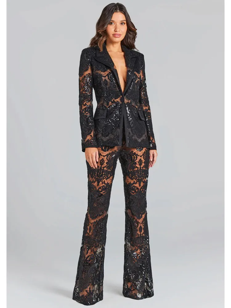 

Женский костюм с длинным рукавом, черно-белые брюки с V-образным вырезом и блестками, Дизайнерский Модный костюм знаменитости, лето 2023