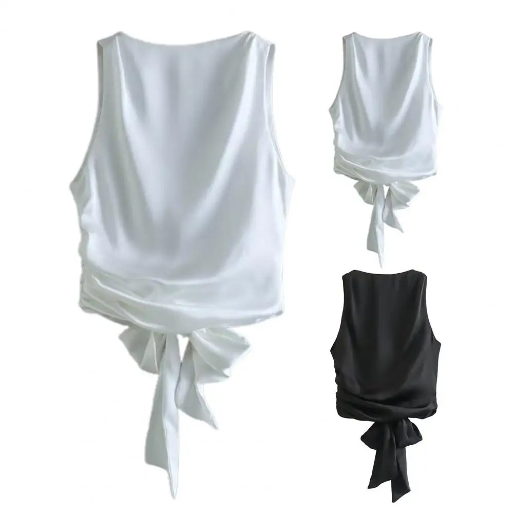 Летние женские сексуальные модные атласные майки с бантом и открытой спиной