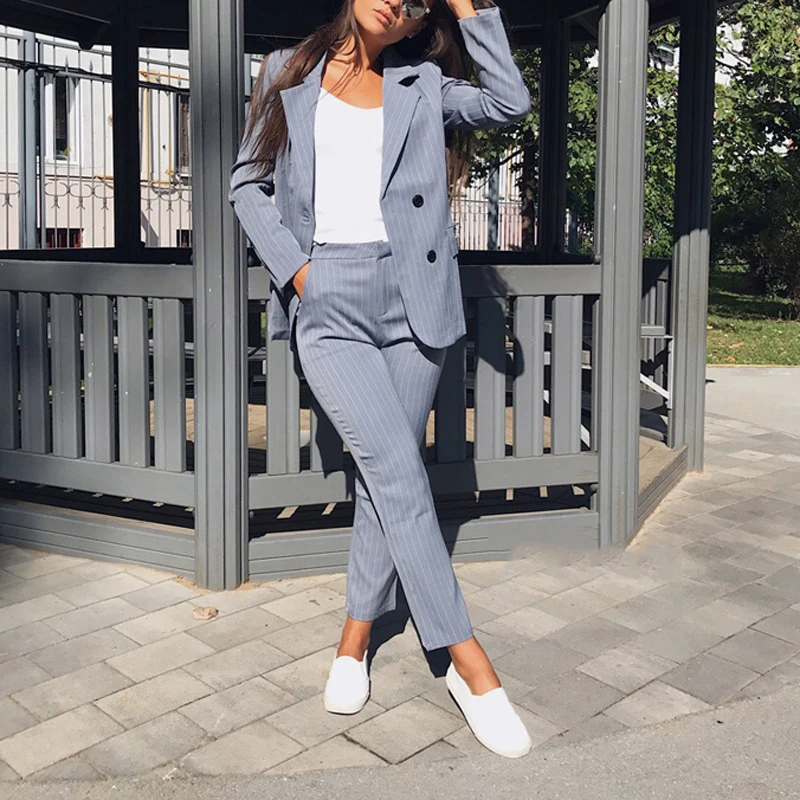 

Blazer Suits for Women OL 2 Piece Sets Double Breasted Striped Jacket and Pant Zipper Trousers Work Suit Office Solid