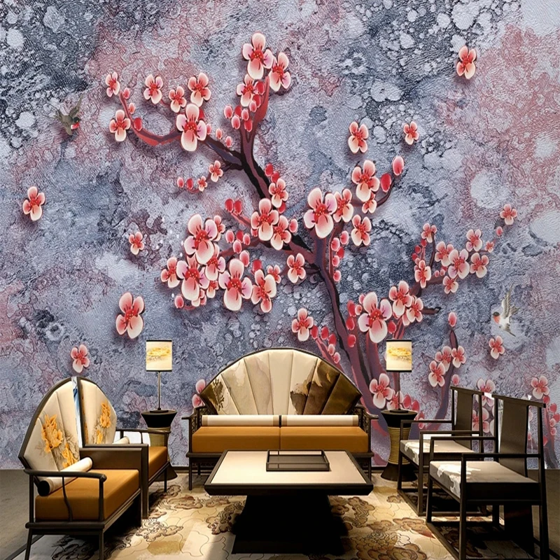 

Рельефные китайские 3D-обои на заказ в стиле ретро с цветами сливы, фотообои для спальни, гостиной, телевизора, дивана, фоновая стена