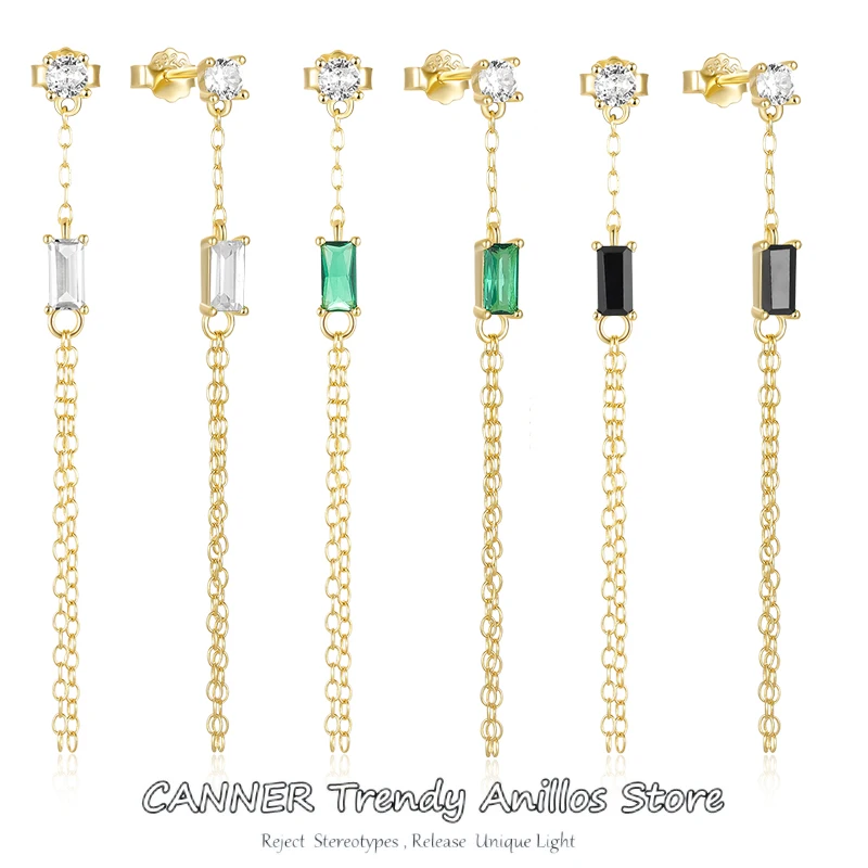 

CANNER 925 Sterling Silver Long Tassel Chain Dangle Bling Zircon Square Pendants Drop Earrings For Women INS Korean Fine Jewerly