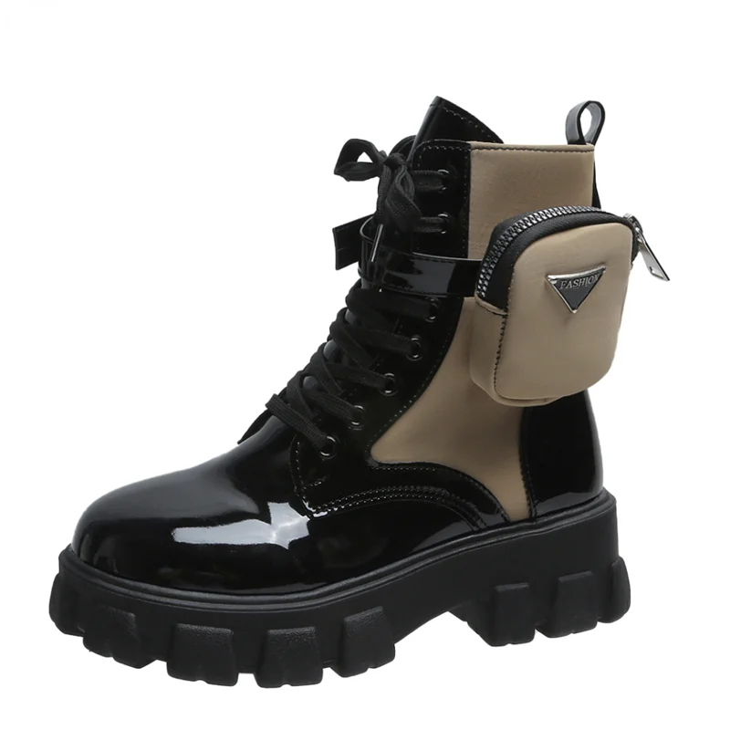 

New Boots Women Motorcycle Ankle Female Lace Up Platforms Belt Buckle Pocket Leather Oxford Shoes Botas Bottes Mujer Bag