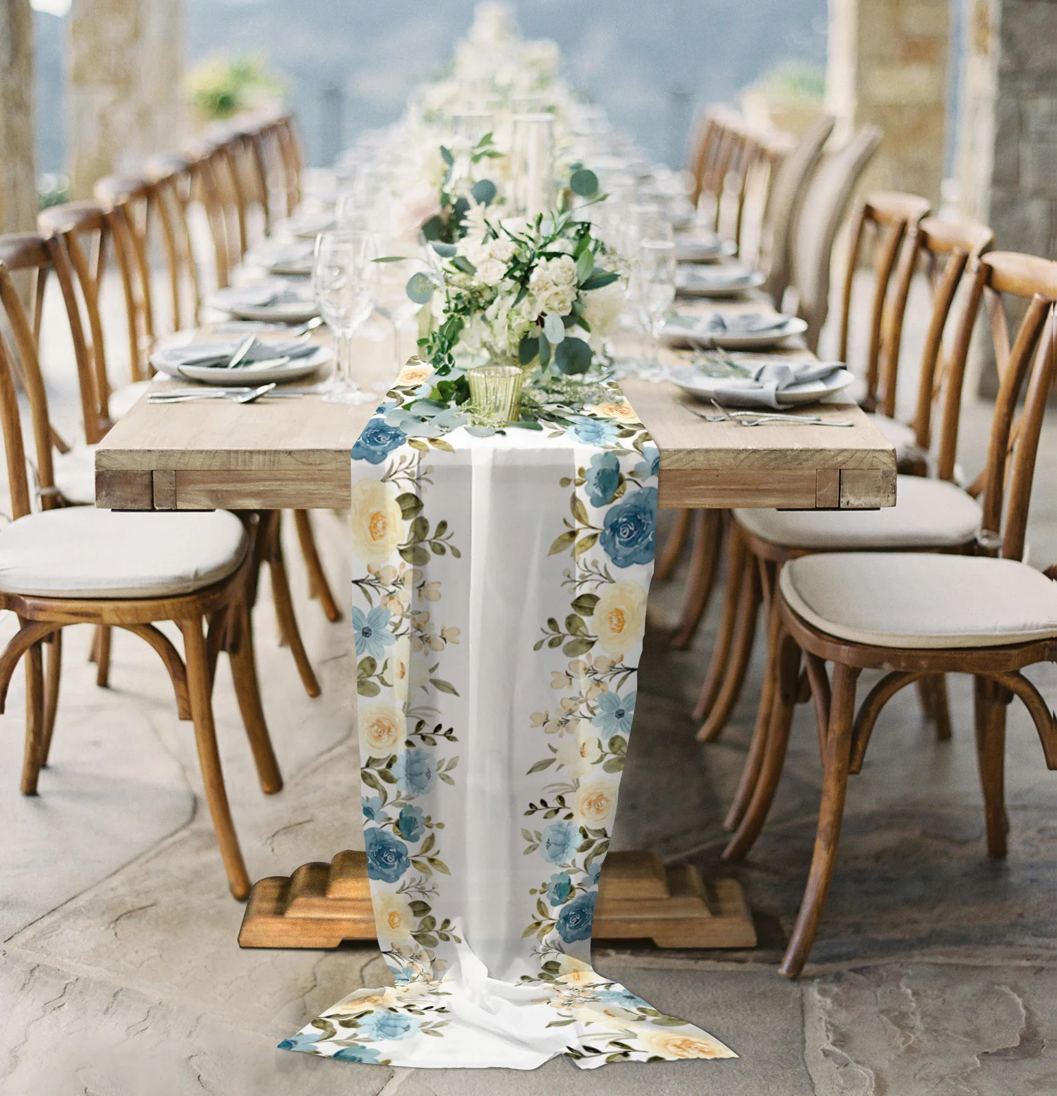 

Spring Watercolor Flowers Table Runner Sheer Chiffon Luxury Boho Wedding Party Birthday Gauze Tablecloth