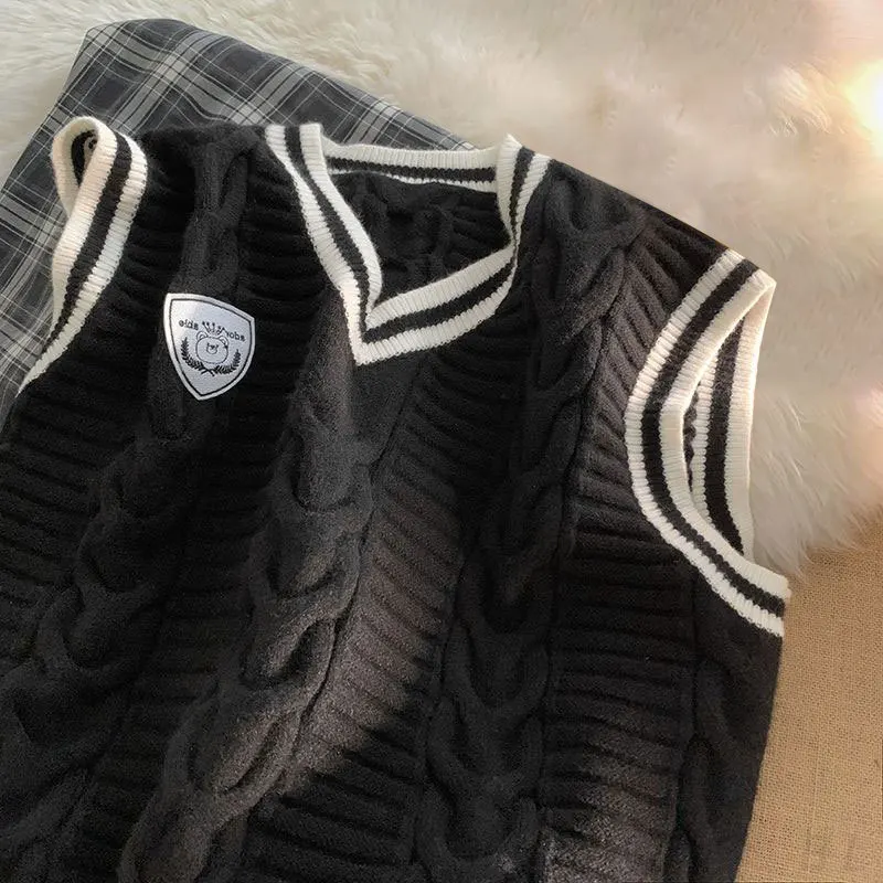 Oversize Vintage Women Men Youth Sweater Pullover Vest Couple Loose Sleeveless Striped Japanese Style