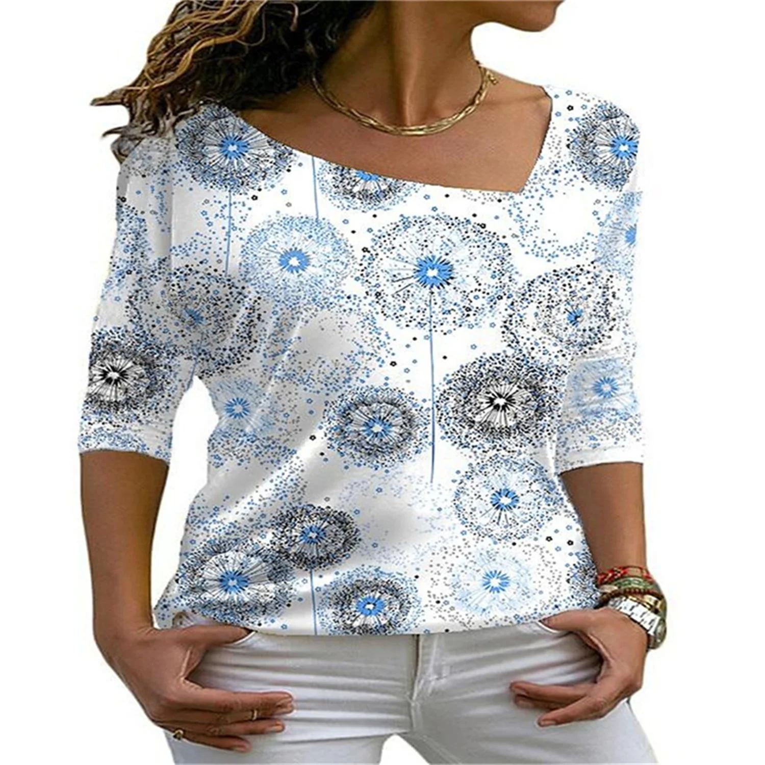 

Pullover 3D Printing Dandelion Pattern Shirt V-neck Long-Sleeved Bottoming Shirt Slim Fashion T-shirt Women
