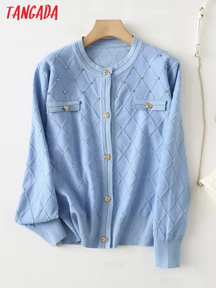 

Tangada 2022 Autumn Winter Women Blue Beading Knitted Cardigan Sweater Jumper Button-up Female Tops YU105
