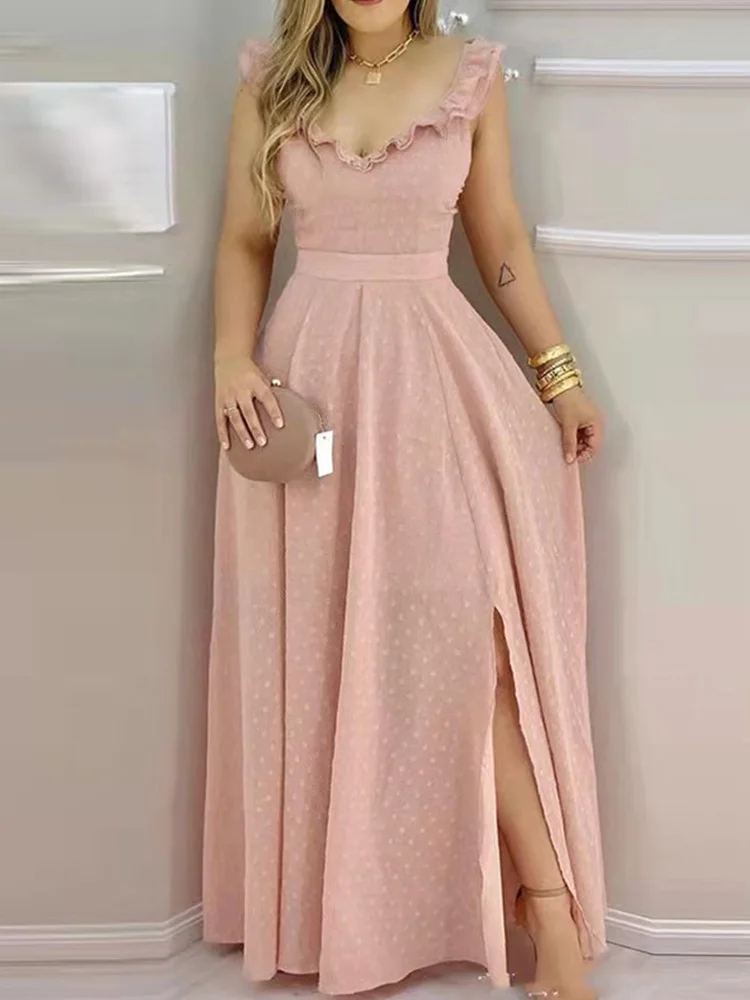 

Polka Dot Print Ruffle Open Back Slit Maxi Long Dress Women