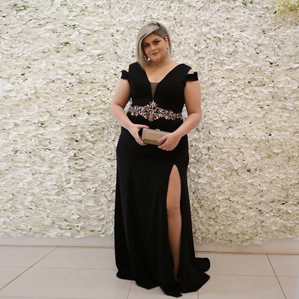 

Новинка 2022, изысканные черные платья для матери невесты с V-образным вырезом, блестящие платья с Боковым Разрезом для свадебной вечеринки