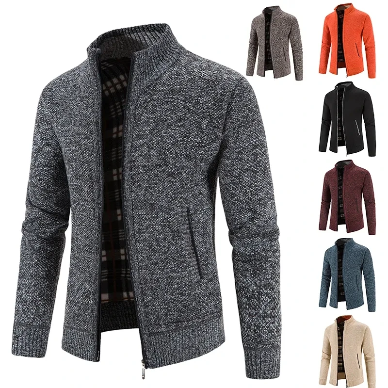 

2023 Men Plush and Thickened Stand Collar Jacket Half High Neck Knitted Cardigan Sweater Autumn/Winter Solid Color Thick Coat
