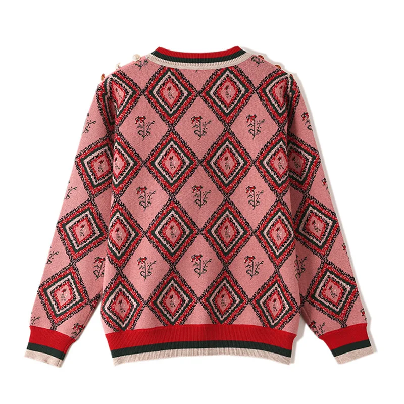 Женский свободный свитер в стиле ретро модный вязаный пуловер клетку с ромбами