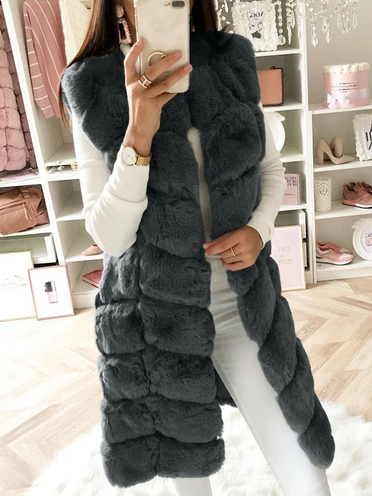 Autumn Winter Fashion Luxury Warm Sleeveless Faux Fur Coat Women 2022Casual O-neck Long Fur Vest Elegant Ladies Office Waistcoat