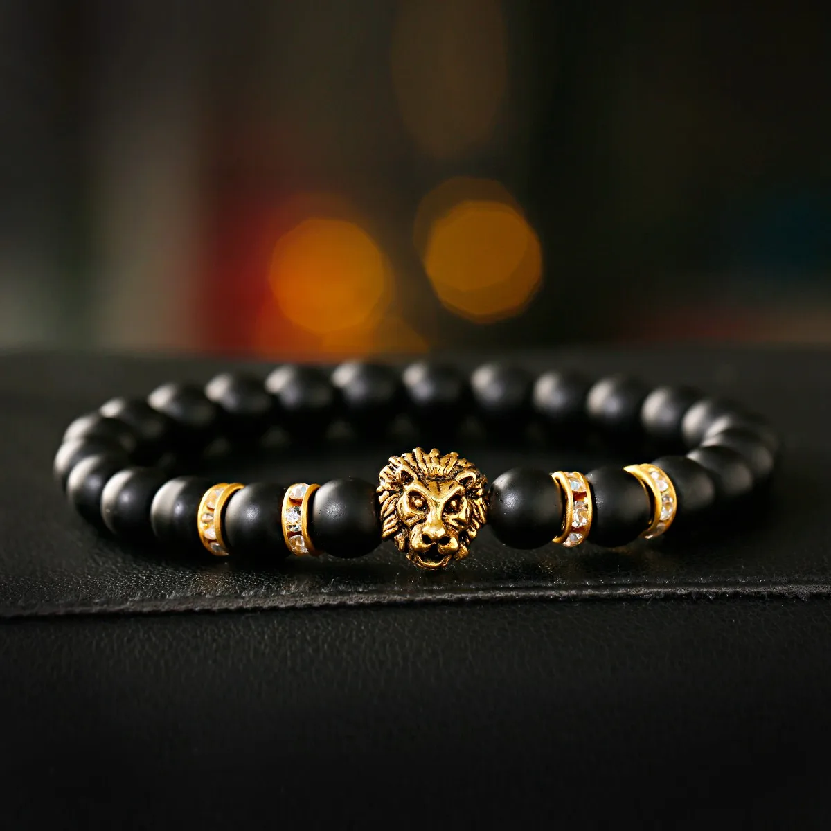 

Gold Silver Color Lion Head Beaded Bracelet For Men Women Fashion Natural Black Stone Beads Bracelets Charms Jewelry Gift 2023