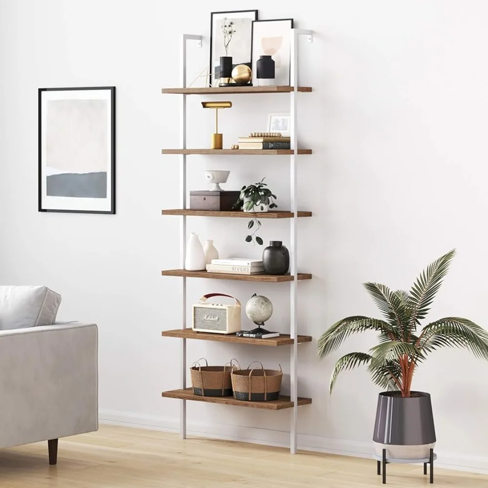 

Высокий книжный шкаф с 6 полками, настенный книжный шкаф с натуральной отделкой древесины и промышленной металлической рамой, деревенский