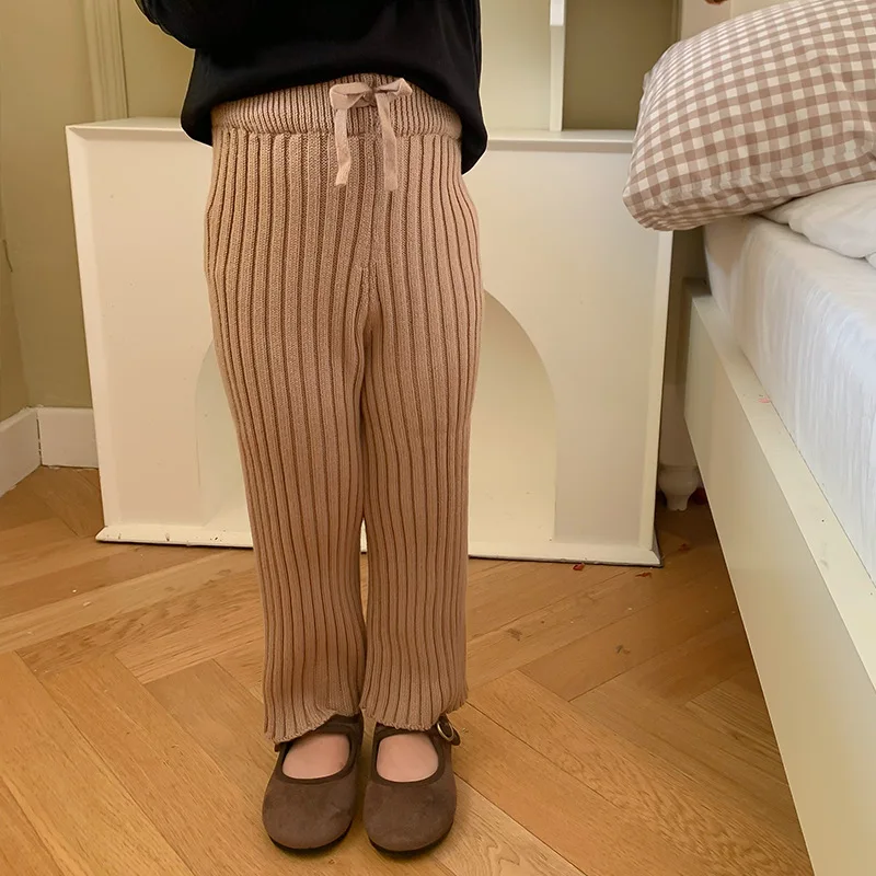 

Spring Autumn Girls Flare Pants Baby Trousers Kids Pants For Toddler Children Pants Fashion Striped Rib Knit 1-6Y