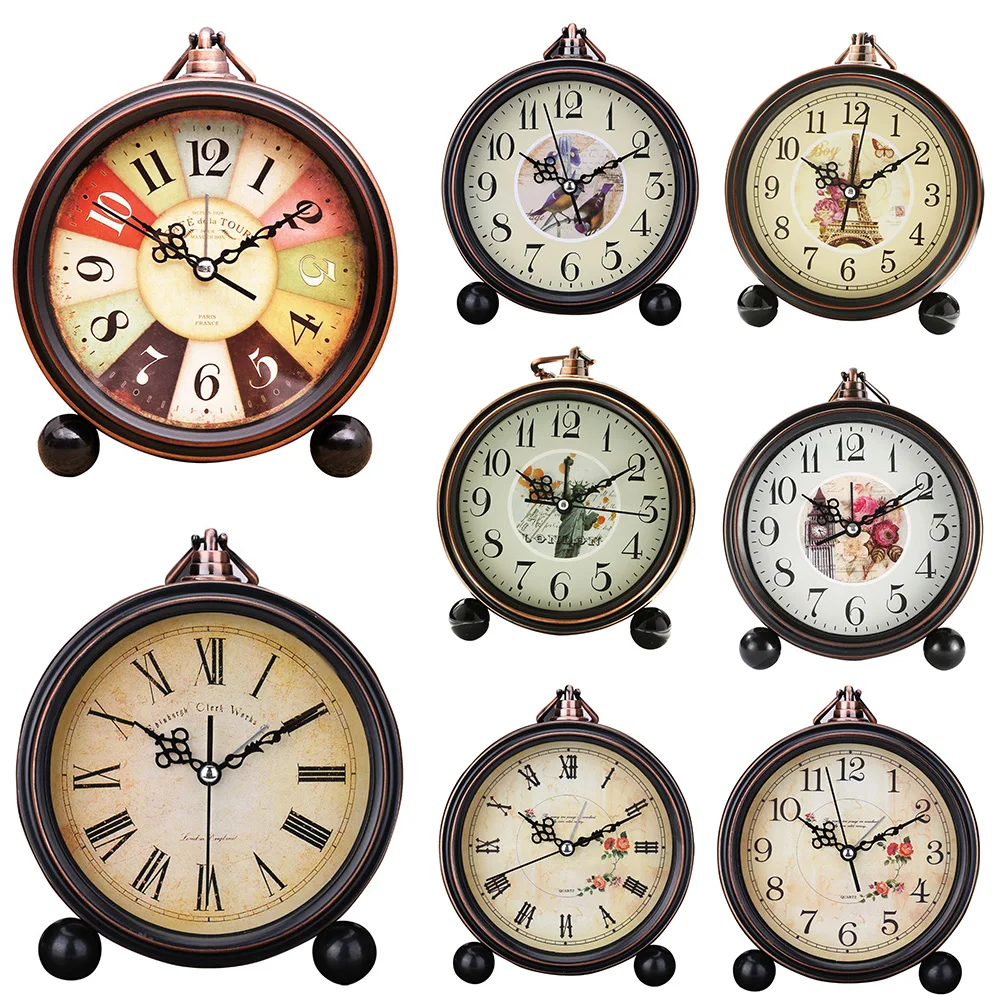 European Style Office Roman Numerals Alarm Clock Decorative Modern Desktop For Home Round Quartz Retro Flower Print Vintage |