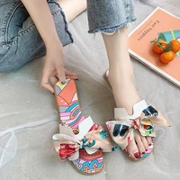 women square toe slippers butterfly knot flat heel sandals colored ribbon bow flat bottom beach summer slides women shoes