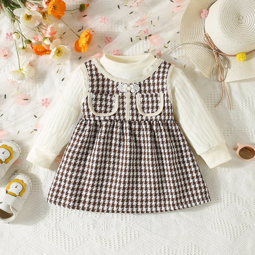 Клетчатое Платье Длиной До Колена Для Девочек Рукав-фонарик Приталенные