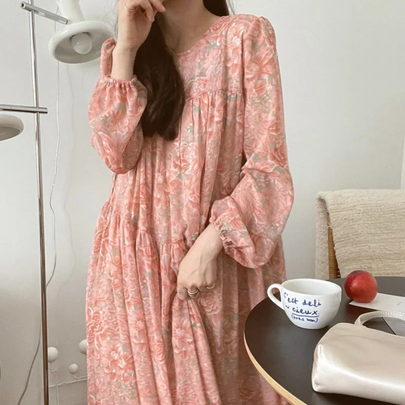 

Korean Chic Autumn French Retro Design Sense Print Puff Sleeves Waist Tie Mid Length Chiffon Dress Vestido Feminino