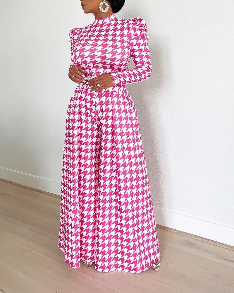 

Houndstooth Round Sleeve Wide Leg Bodysuit Casual Polyester Long Sleeve Spring And Autumn Women's 2022 Fashion New