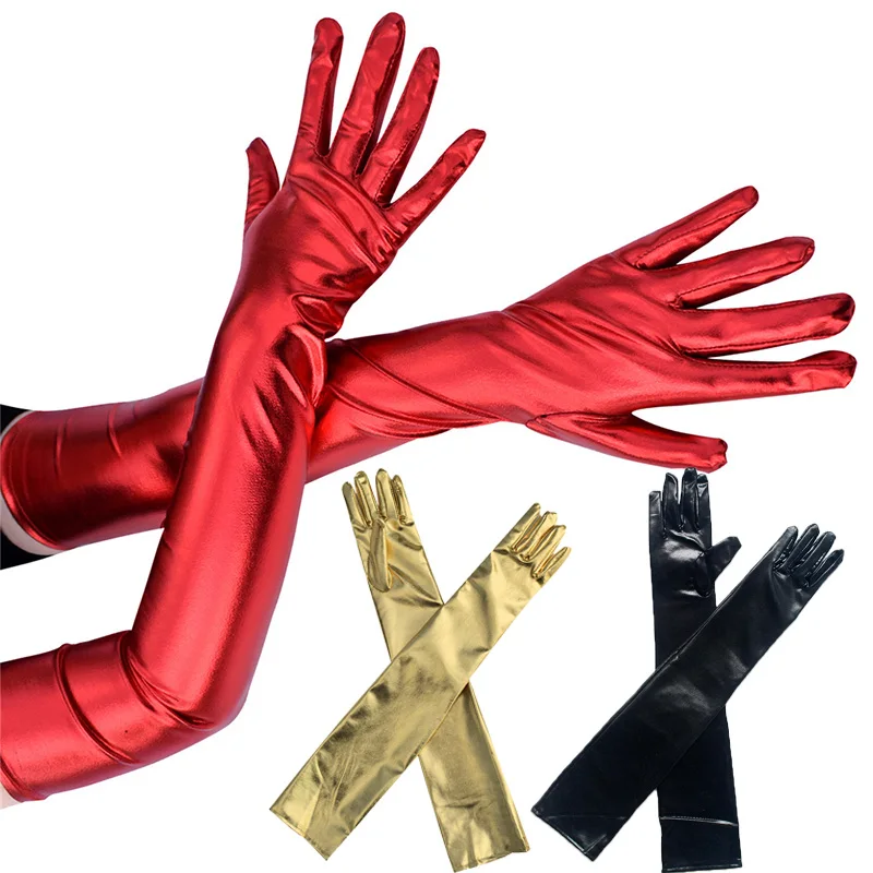 

1 Pair Women Sexy Stretch Patent Leather Mittens Shiny Metallic PU Leather Punk Dance Long Gloves Costumes Accessory Gloves