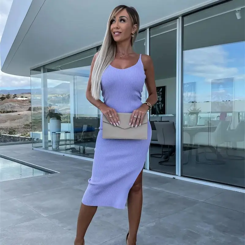 

Женское трикотажное платье-карандаш средней длины, повседневное простое облегающее платье в рубчик без рукавов с круглым вырезом и Боковым Разрезом