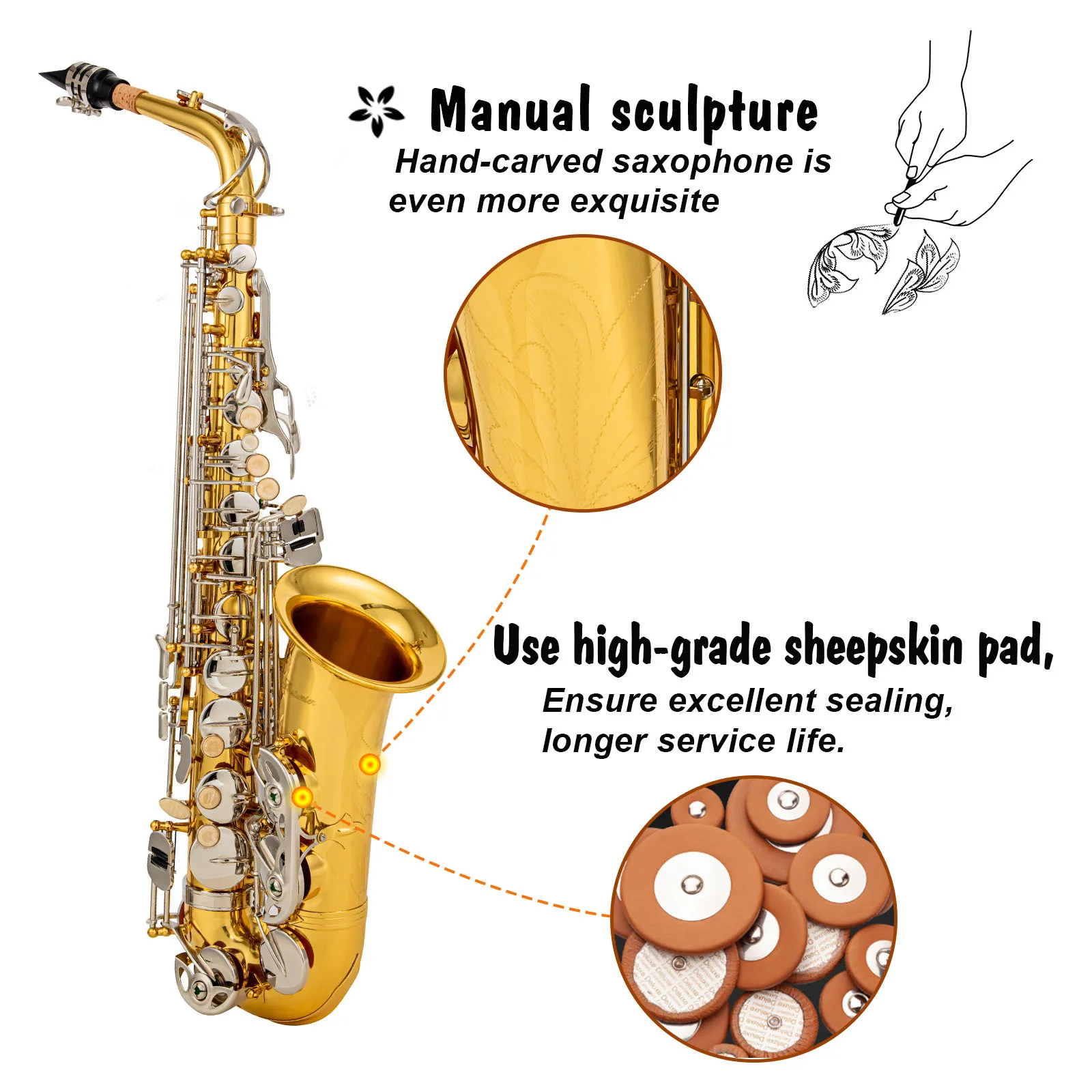Альт-саксофон minдиабэйр Eb латунный корпус резной белый Золотой серебряные ключи