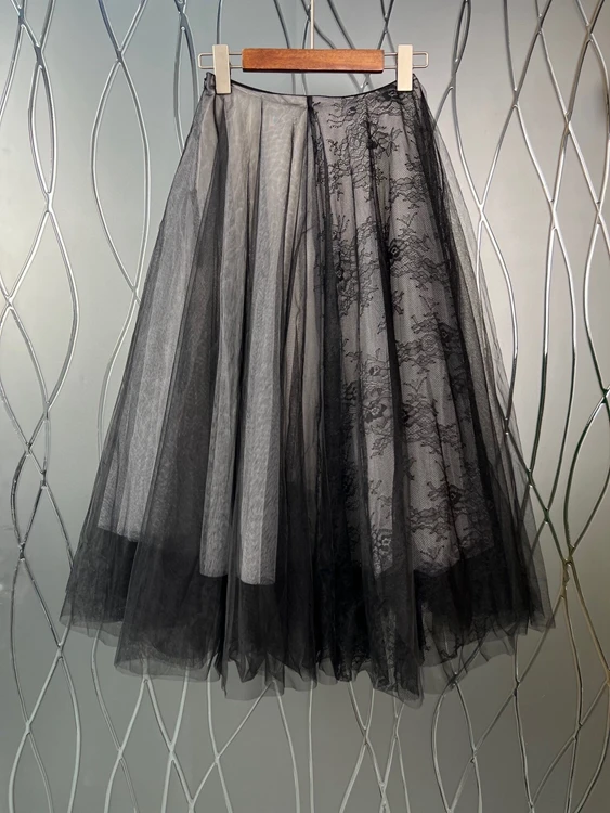 

2022 new women fashion sexy A-line outside mesh gauze perspective stitching all-match mid-length skirt 426