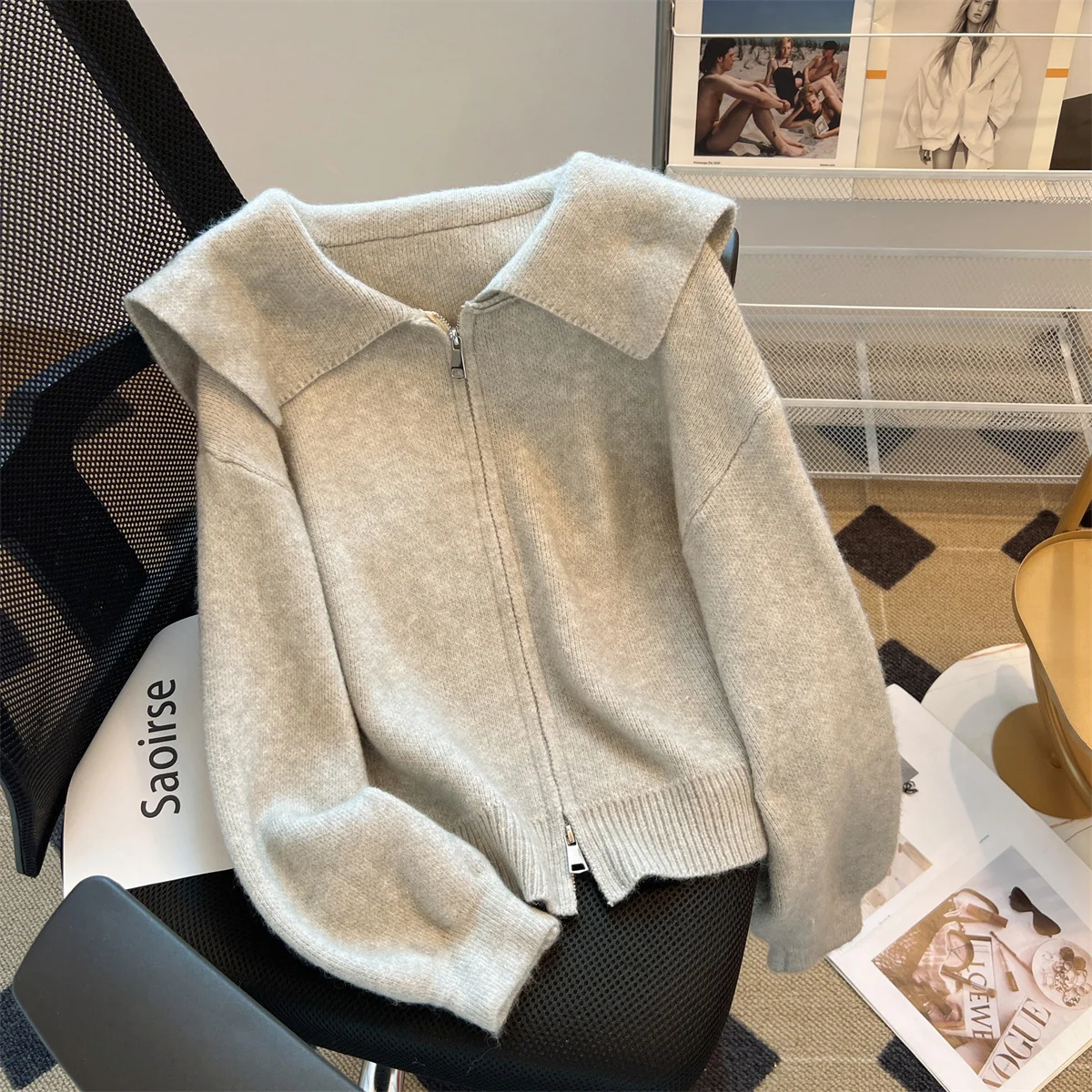 

Autumn/Winter Solid Color Lapel Double Zip Cardigan Women's New Loose Sweater Korean Harajuku Style 2023