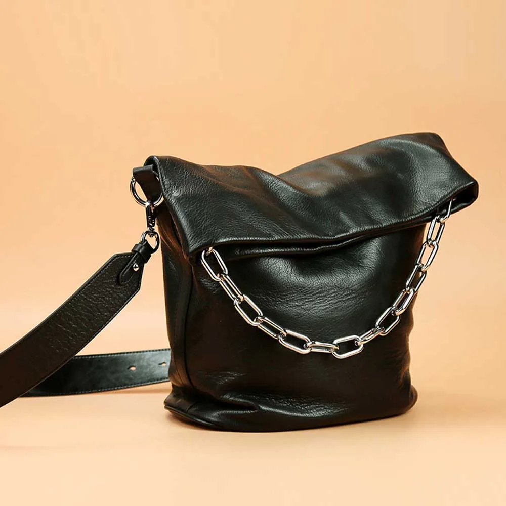 

MS Top-level Genuine Leather Bucket Bag Fashion Luxury Women Handbag Female Cow Leather Tote Roomy Chains Folding Purse 2022 New