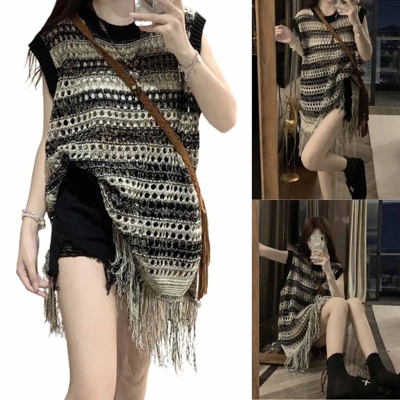 

Трикотажные майки с выемками, женский летний свитер без рукавов, майка, женский жилет с кисточками, блузки, уличная одежда