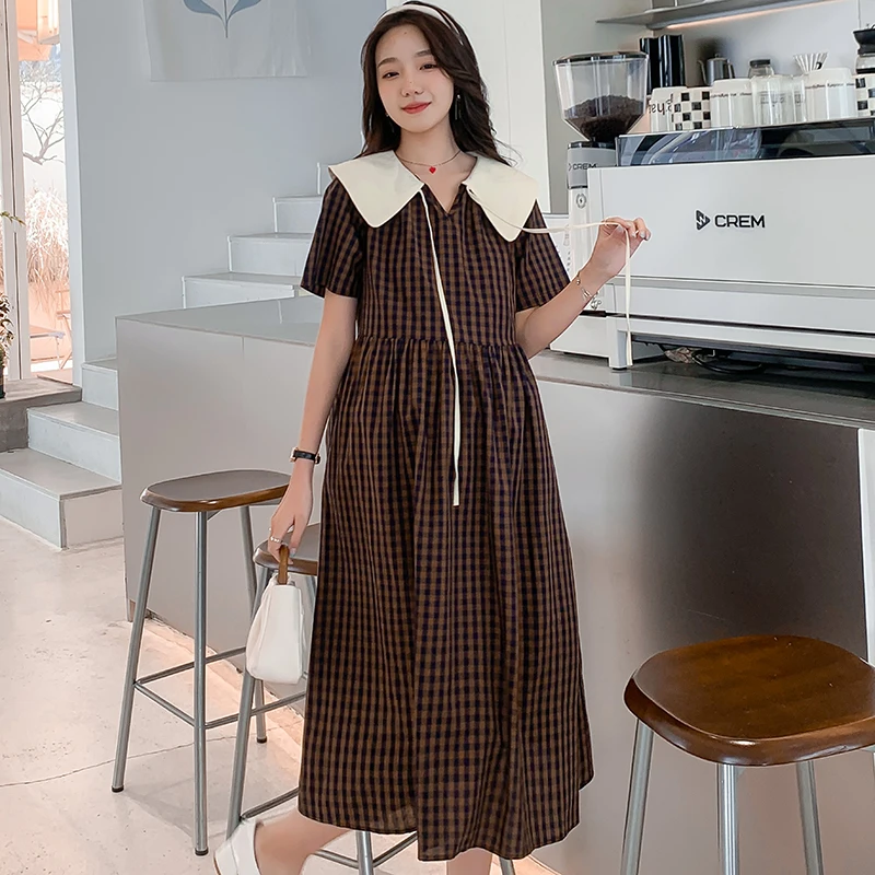 

1950# Summer Korean Fashion Plaid Matenity Long Dress Sweet Lovely A Line Clothes for Pregnant Women OL Formal Ladies Pregnancy