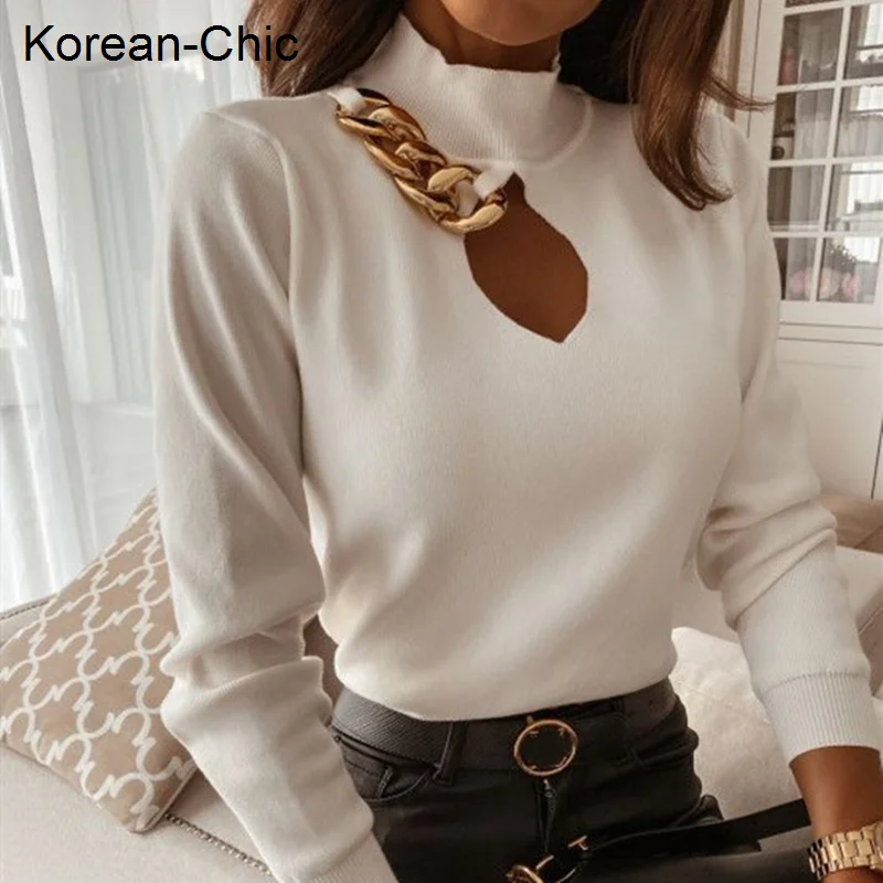 

Autunm Neck Cutout Women Sweaters Korean Fashion Knitwears Elegant Chic Lady Tops