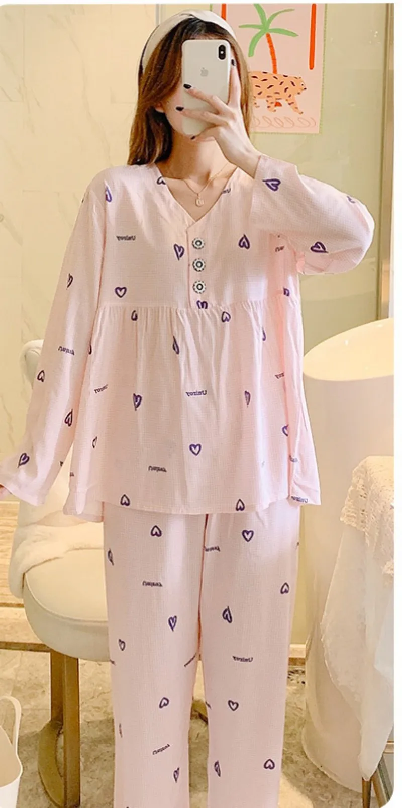 Women Air-Conditioned Leisure Wear V-Neck Suit Cotton Pajamas Youth Thin Online Red Large Size Clothes 3/4 Sleeve Length Simple