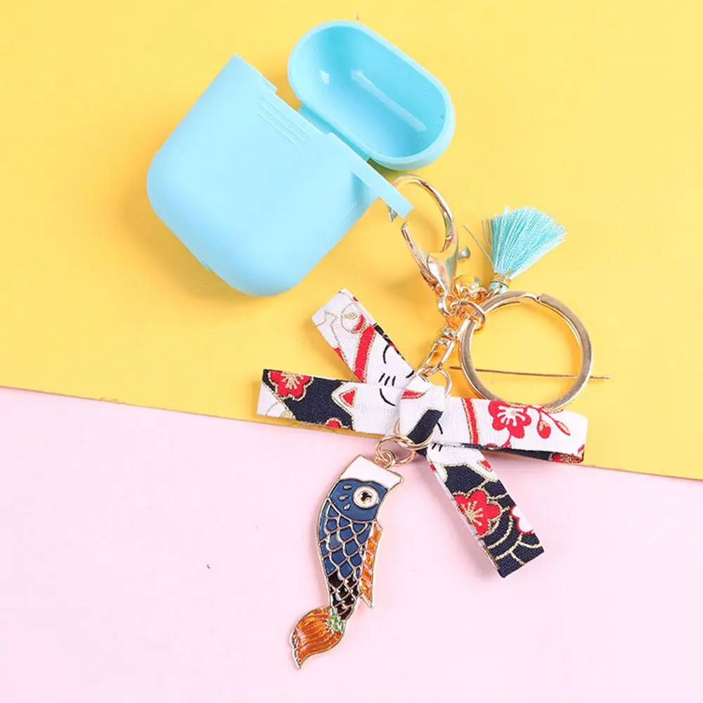 Cute Anime Carp Streamer Keychain Ladies Metal Lucky Mobile Phone Pendant Car Bag Pendant Bluetooth Earphone Box Pendant