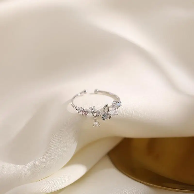 Женское серебряное кольцо с бантом ANENJERY регулируемое цветами из меди и циркония