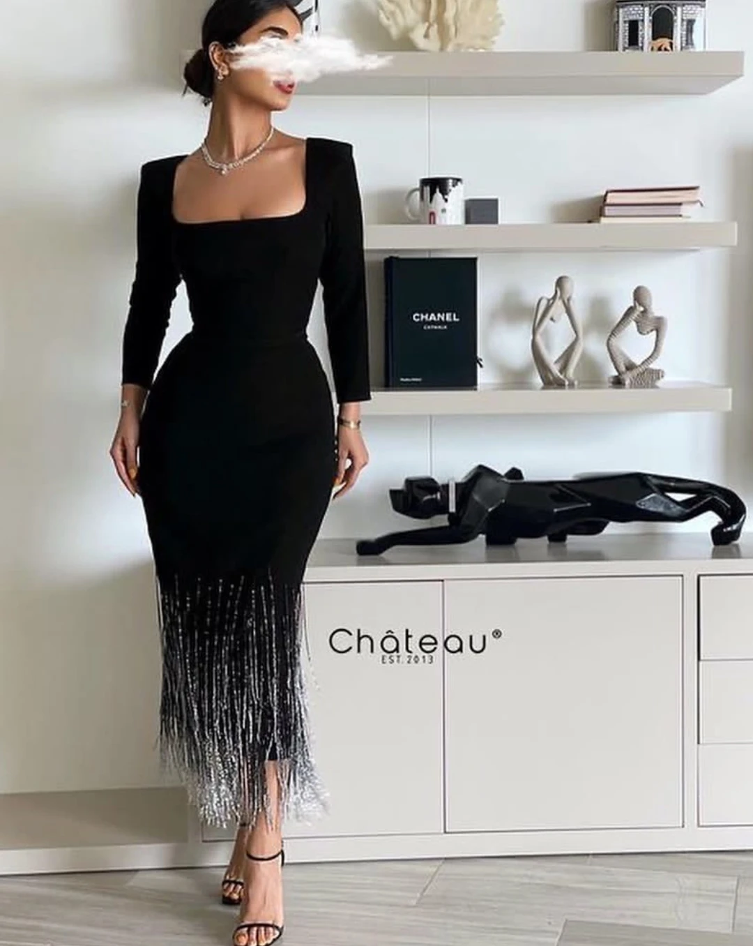 

AsaNagi Black Prom Dresses Square Neck Tassel Hem Elegant Mermaid Women Party Dress 2023 فساتين الحفلات Robes De Soirée