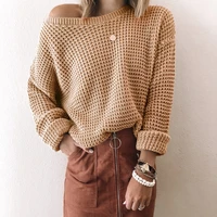 casual pullover 2021 temperament womens autumn and winter solid color loose diagonal collar top long sleeve knitted sweater