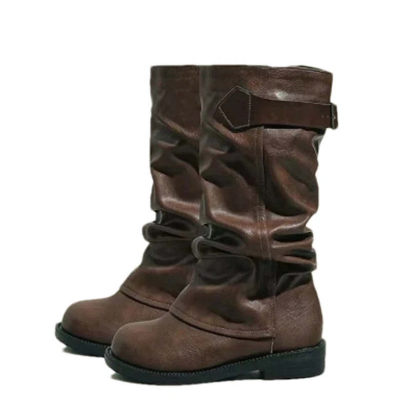 Женские кожаные высокие сапоги модная обувь до колена на плоской подошве женские