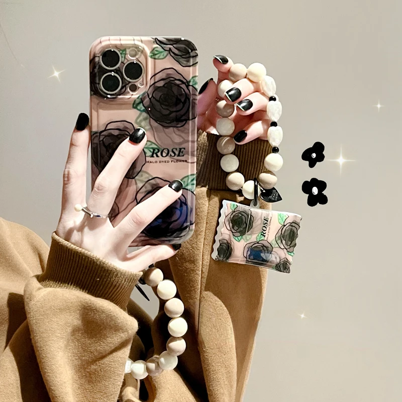 

French Black Rose Phone Case For IPhone 14Pro Max 13Plus 12 11 X XR/XS INS Style With Lanyard Creative Luminous Silicone Cover