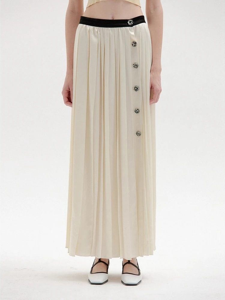 Eenk White Mid-Length Skirt 2022 Summer New Button Accessories Slit Over The Knee Commuter Pleated High Waist A-Line Skirt
