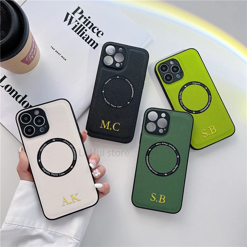

Роскошный Магнитный чехол с именем на заказ для Magsafe, мягкий кожаный чехол с беспроводной зарядкой для iPhone 14 13 12 11 Pro Max X XS XR 7 8 Plus, чехол